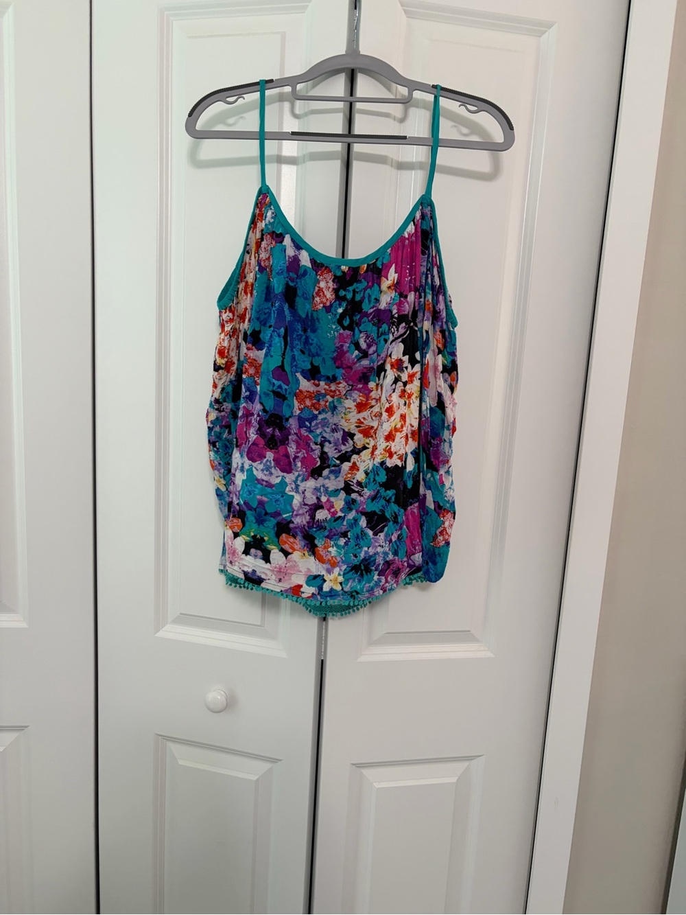 Nicole Miller 3/4 Sleeved Floral Blouse Top Eyelet Boho Cotton Turquoise Sz L